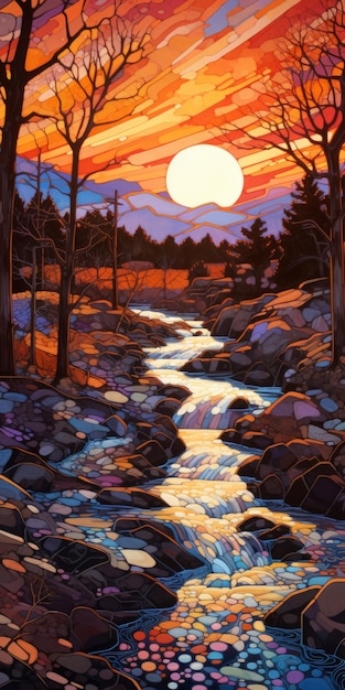 Vibrante puesta de sol en Rocky River Ilustración hiperdetallada inspirada por Erin Hanson