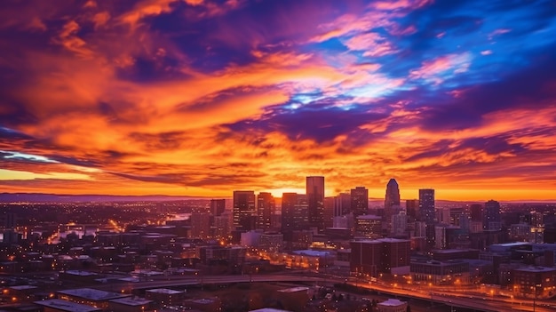 Una vibrante puesta de sol sobre el horizonte de una ciudad generada por IA