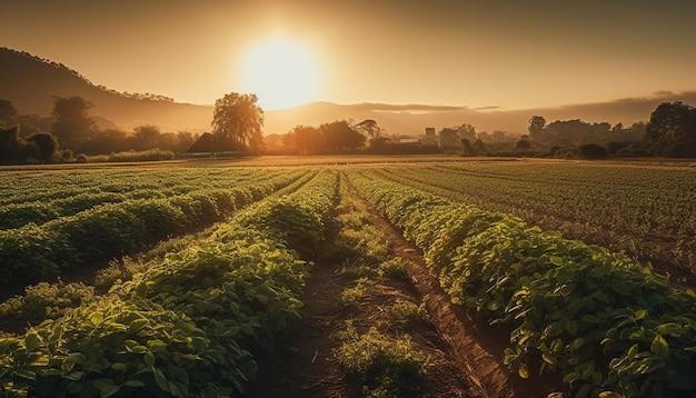 Foto vibrante puesta de sol sobre la pradera rural y el paisaje arbóreo generado por ia