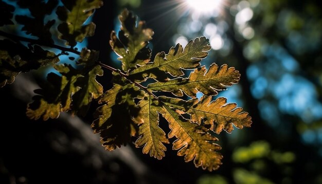 Vibrante rama de árbol de arce otoñal retroiluminada con luz solar amarilla generada por IA