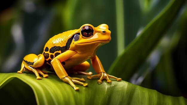 Una vibrante rana venenosa dorada nativa de las selvas tropicales de Colombia Concepto de biodiversidad vibrante