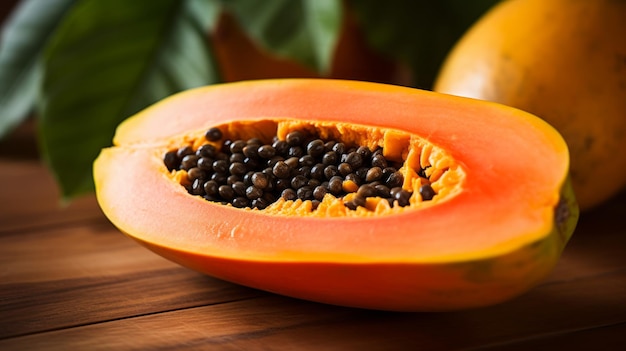 El vibrante regalo de la naturaleza de la papaya media naranja en una mesa de madera rústica capturada en