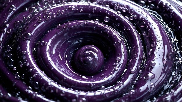 Vibrante remolino púrpura con gotas de agua brillantes de cerca