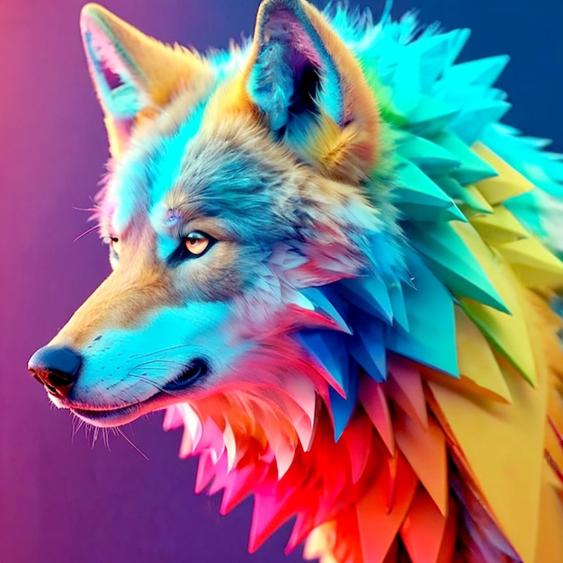 vibrante renderizado en 3D de un lobo feroz y colorido