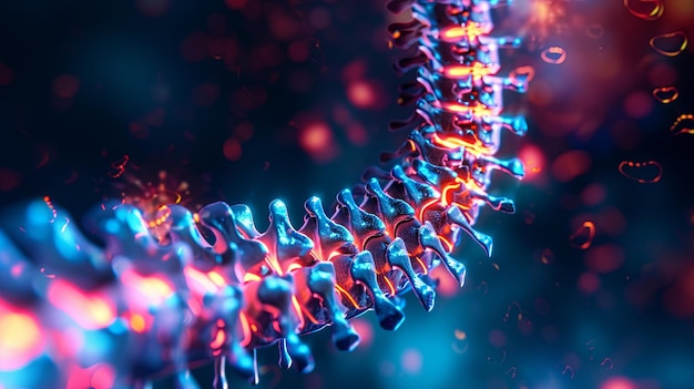 Vibrante representación en 3D de una doble hélice de ADN con partículas brillantes