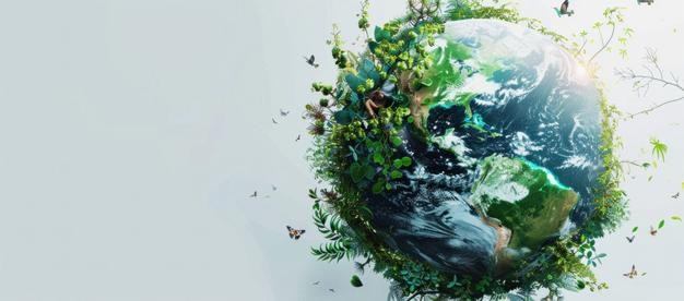 Una vibrante representación artística de la Tierra adornada con mariposas de vegetación exuberante y una flora diversa que simboliza la armonía y el equilibrio ambiental
