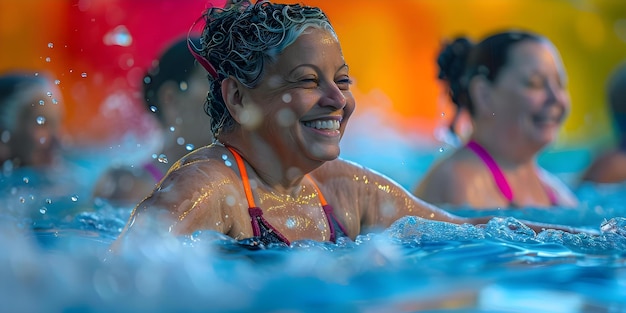 Foto vibrante retiro activo enérgico mujeres mayores vínculo sobre el concepto de aquafitness actividades mayores envejecimiento activo fitness amistad bienestar