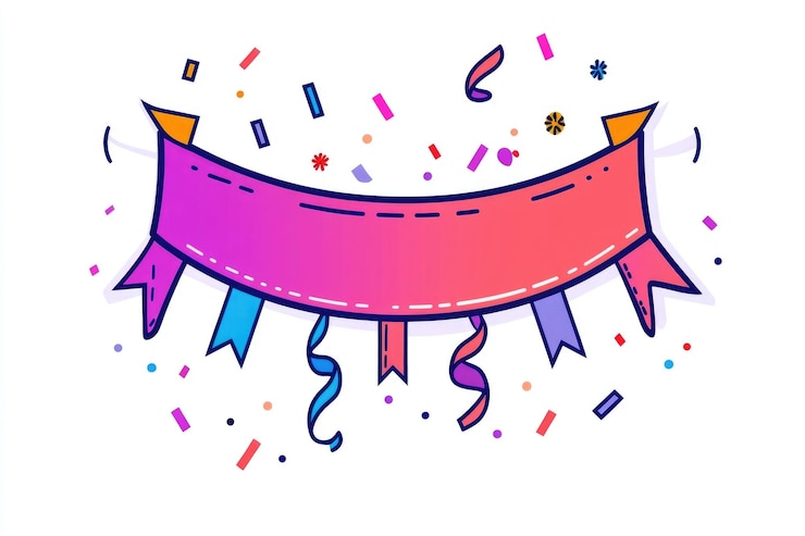 Foto vibrante retratando uma bandeira de festa festiva streamer colorido e explodindo confeti em um gra minimalista