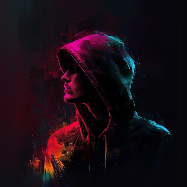 Vibrante retrato de arte digital de un hombre con capucha con salpicaduras de neón abstractas