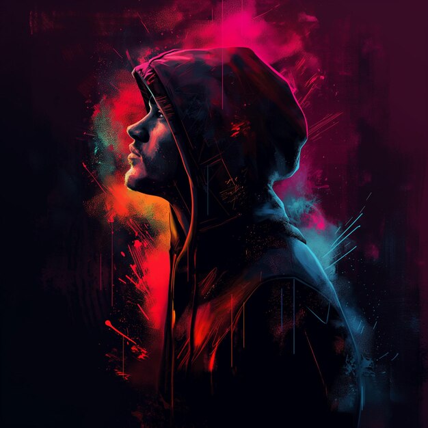 Vibrante retrato de arte digital de un hombre con capucha con salpicaduras de neón abstractas