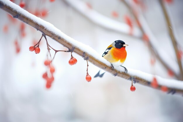 Foto vibrante robin percha tranquilo em um dogwood coberto de neve