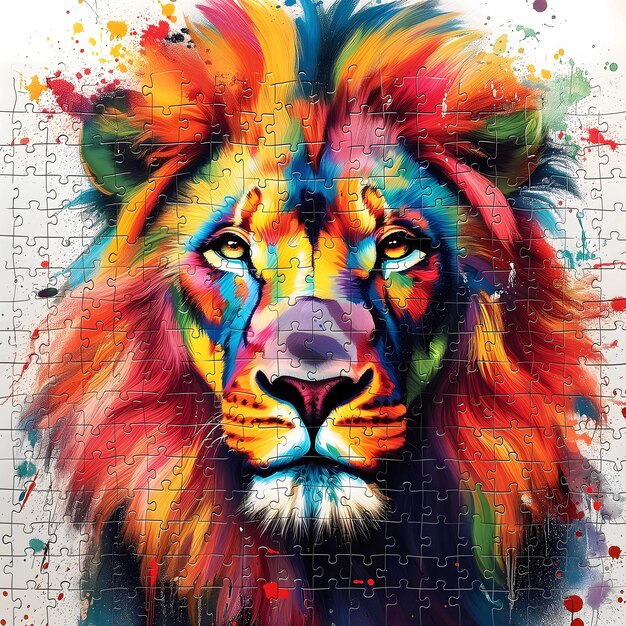 El vibrante rompecabezas del león con salpicaduras de pintura realistas