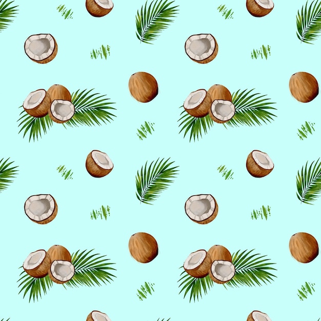 Un vibrante safari tropical con cocos y exuberante vegetación en un diseño de acuarela sin costuras