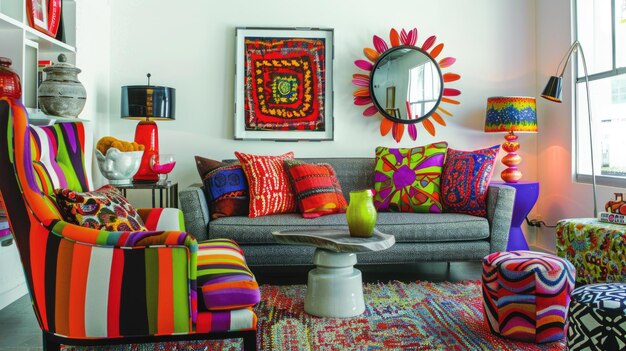 Foto vibrante sala de estar ecléctica con coloridos sillones a rayas y almohadas de sofá