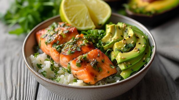 Un vibrante salmón y un plato de arroz con peces rosados anidados encima de granos esponjosos rodeados de verduras coloridas