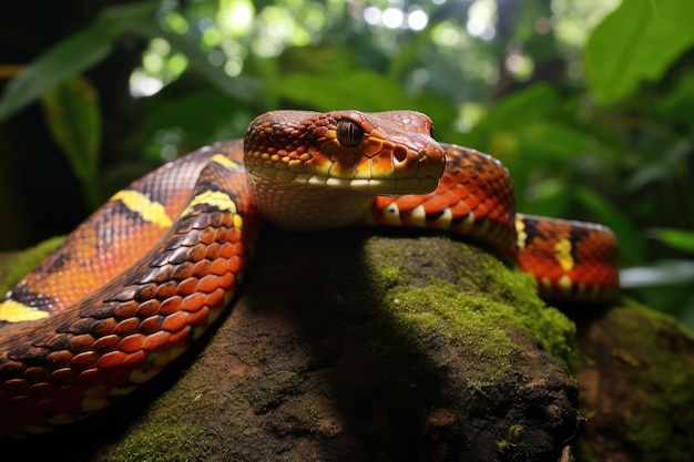 Una vibrante serpiente roja y amarilla descansa tranquilamente en la parte superior de una roca robusta en su hábitat natural Tropidolaemus subannulatus también conocida como Viper Borneo Snake en Wildlife AI Generated