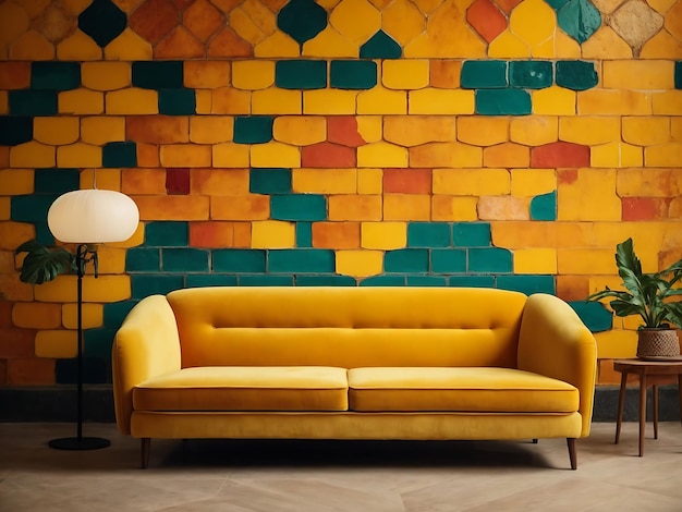 Vibrante sofá de terciopelo amarillo contra los paneles de pared de azulejos de colores