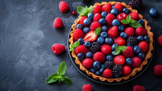 Una vibrante tarta de bayas mixtas que muestra una mezcla de bayas en un pastel de mantequilla