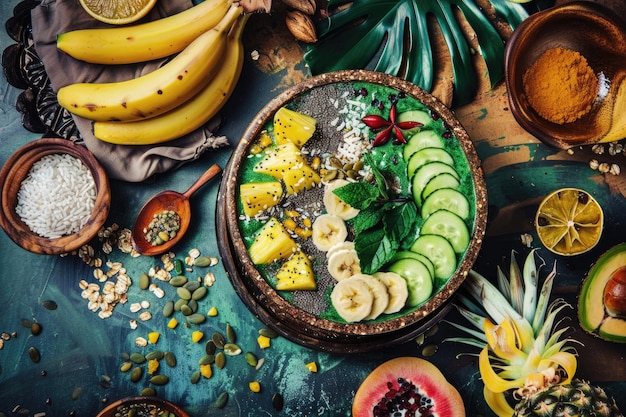 Foto vibrante tazón de batido celebrando los primeros frutos de la cosecha