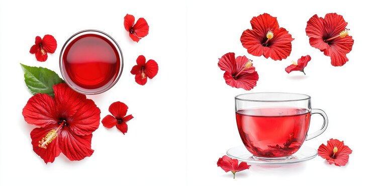 El vibrante té de hibisco con pétalos flotantes rodeados de flores frescas crea una exhibición refrescante y colorida Esta deliciosa bebida es perfecta para cualquier ocasión
