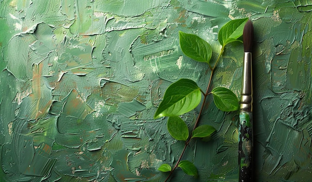 Vibrante textura de pintura al óleo verde con planta y pincel en lienzo