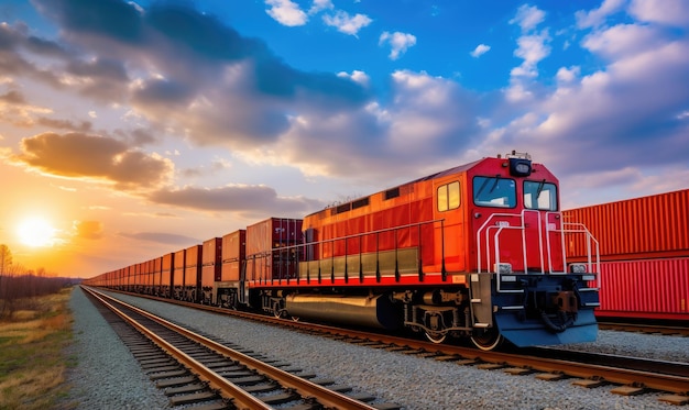 Foto un vibrante tren rojo a toda velocidad a lo largo de las pintorescas vías del tren a través de un pintoresco campo