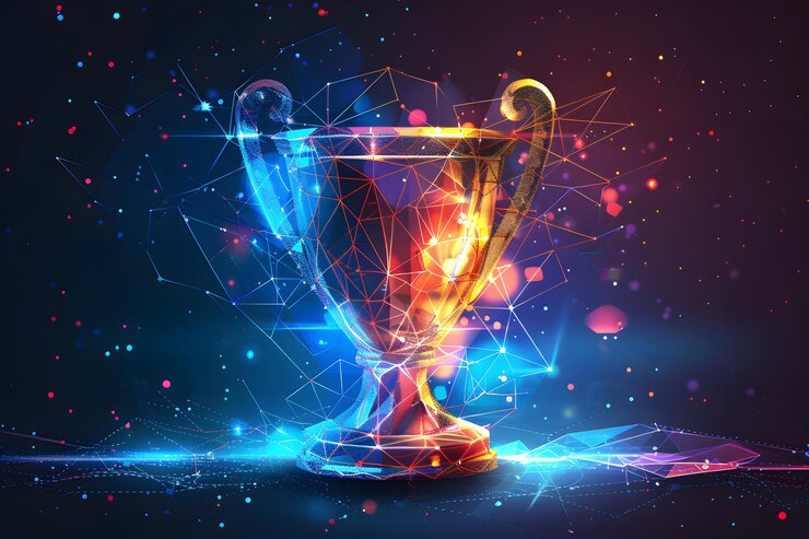 Vibrante trofeo digital con patrones geométricos y luces de colores