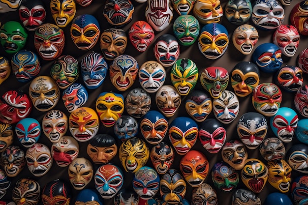 Foto una vibrante variedad de coloridas máscaras de la ópera de pekín, cada una intrincadamente pintada que refleja la rica cultura.