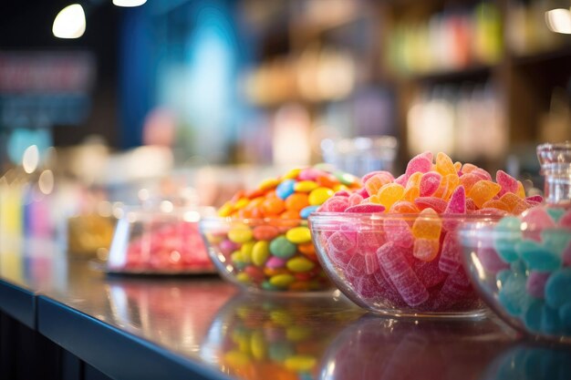 Una vibrante variedad de dulces tentadores en el mostrador multicolor de la tienda