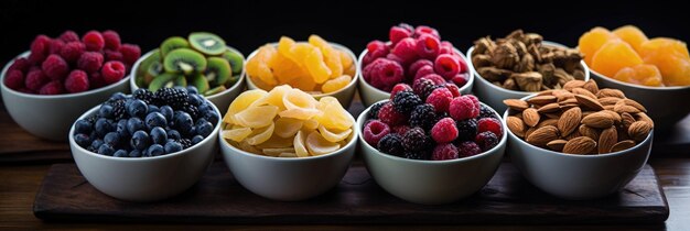 Foto vibrante variedad de frutas frescas y secas presentadas en full hd
