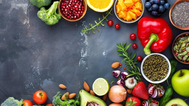 Una vibrante variedad de frutas frescas, verduras y nueces en una superficie oscura