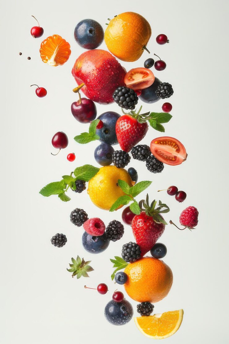 Una vibrante variedad de frutas y verduras, incluidas bayas, naranjas y plátanos, flotando contra un fondo claro.