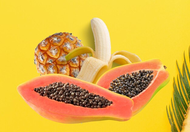 Una vibrante variedad de plátano de papaya y piña que destaca sus sabores tropicales y texturas refrescantes