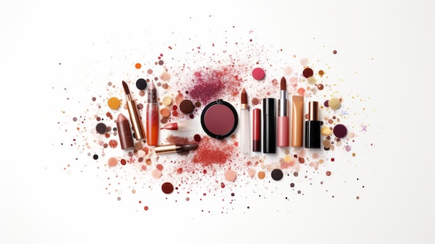 una vibrante variedad de productos de maquillaje en medio de una explosión de polvo colorido