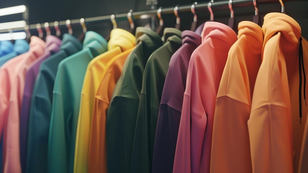 Una vibrante variedad de sudaderas con capucha en un estante de ropa que muestra un arco iris de colores