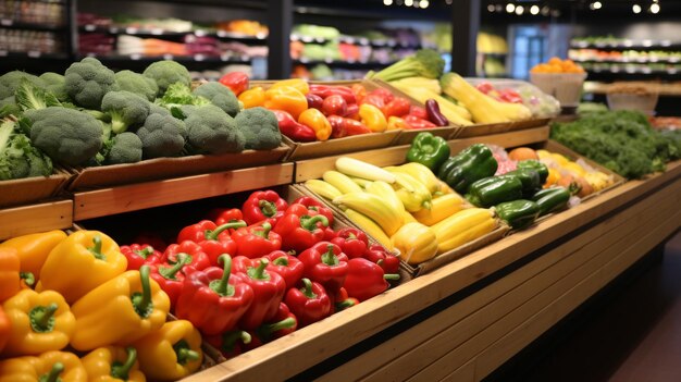 Una vibrante variedad de verduras de colores llena las estanterías de la sección de productos de una tienda de comestibles