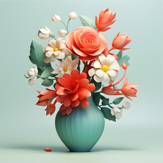 Foto vibrante vaso de flores 3d gracioso contra um fundo verde plano sereno