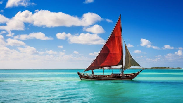 Un vibrante velero rojo flota pacíficamente en el sereno océano azul
