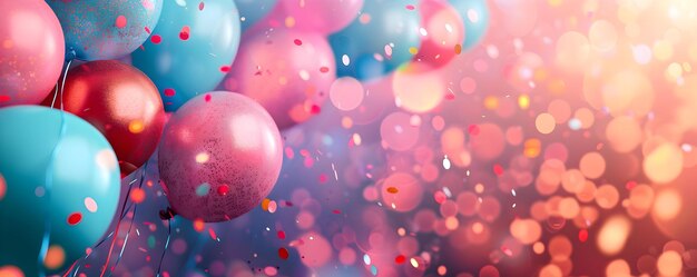 Vibrantemente adornado com balões e confeti uma celebração alegre se desdobra conceito festa de aniversário decorações festivas confeti diversão festa tempo atmosfera de celebração