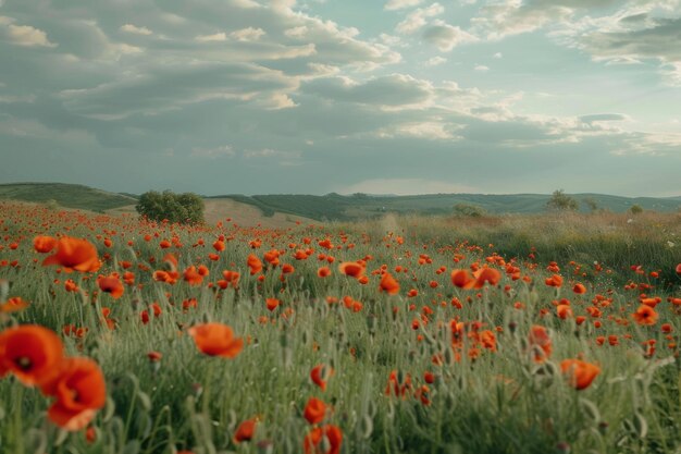 Vibrantes amapolas floreciendo en un campo exuberante bajo un cielo nublado