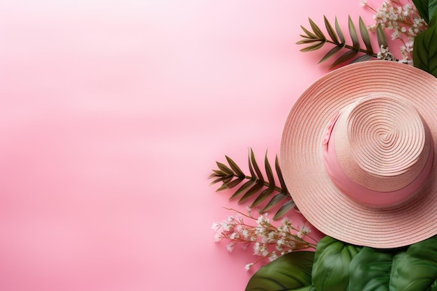Vibrantes artículos esenciales para el verano sombreros elegantes para mujeres protector solar para la piel y hojas verdes frescas en un