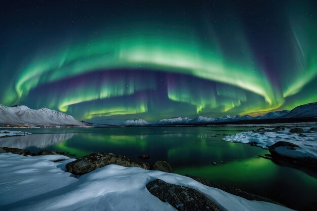 Las vibrantes auroras boreales sobre los picos nevados