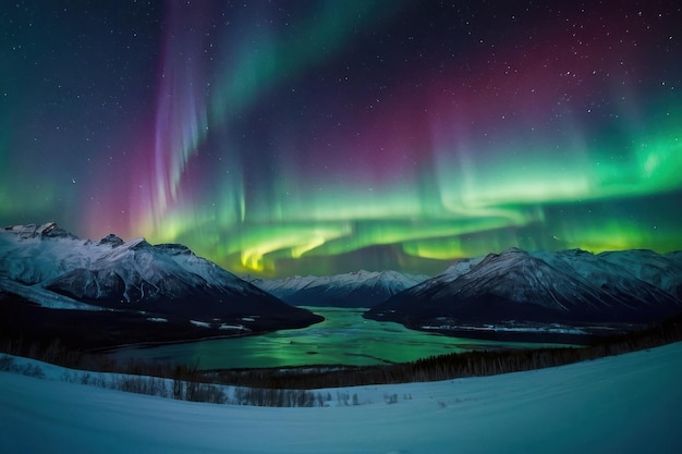 Foto las vibrantes auroras boreales sobre los picos nevados