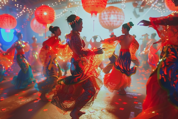 Foto vibrantes bailes comunitarios del año nuevo lunar