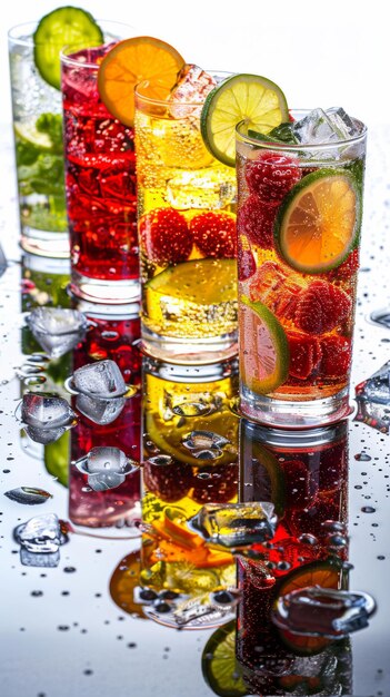 Vibrantes bebidas refrescantes de verano con frutas y hielo