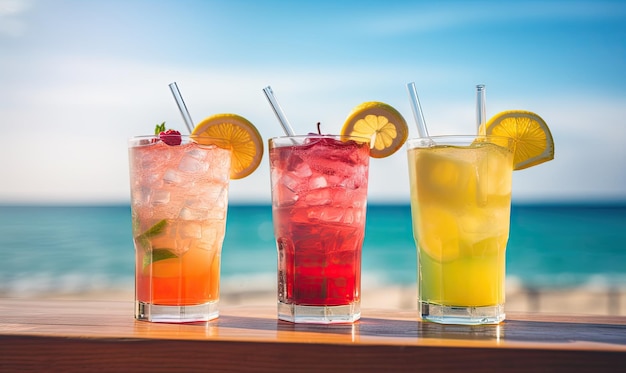 Vibrantes bebidas de verano en una mesa de madera con vistas al océano. Bebidas variadas y coloridas con un sereno fondo del océano. Creadas con herramientas generativas de IA.
