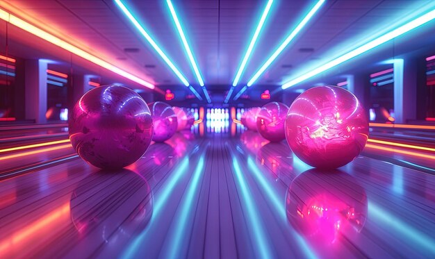 Vibrantes bolas de bolos iluminadas con neón en un carril pulido en una moderna pista de bolos