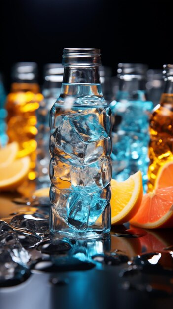 Vibrantes botellas de cóctel rodeadas de relucientes cubitos de hielo crean un espectáculo refrescante Vertical M