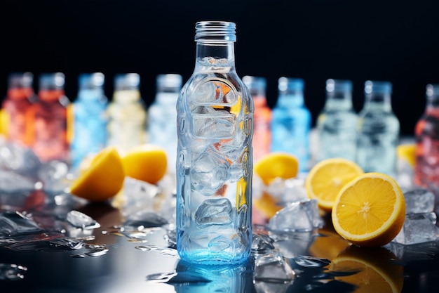 Vibrantes botellas de cóctel rodeadas de relucientes cubitos de hielo crean un espectáculo refrescante.