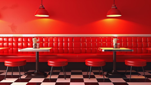 Foto las vibrantes cabinas rojas complementan el piso a cuadros en un elegante interior de comedor